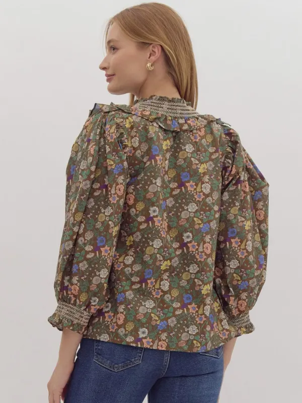 Brown Floral Ruffle Neck Top