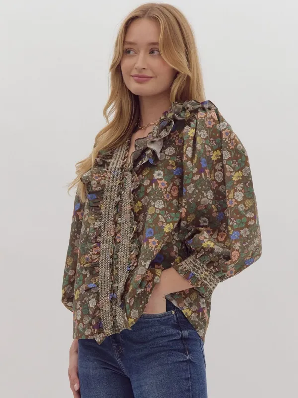 Brown Floral Ruffle Neck Top