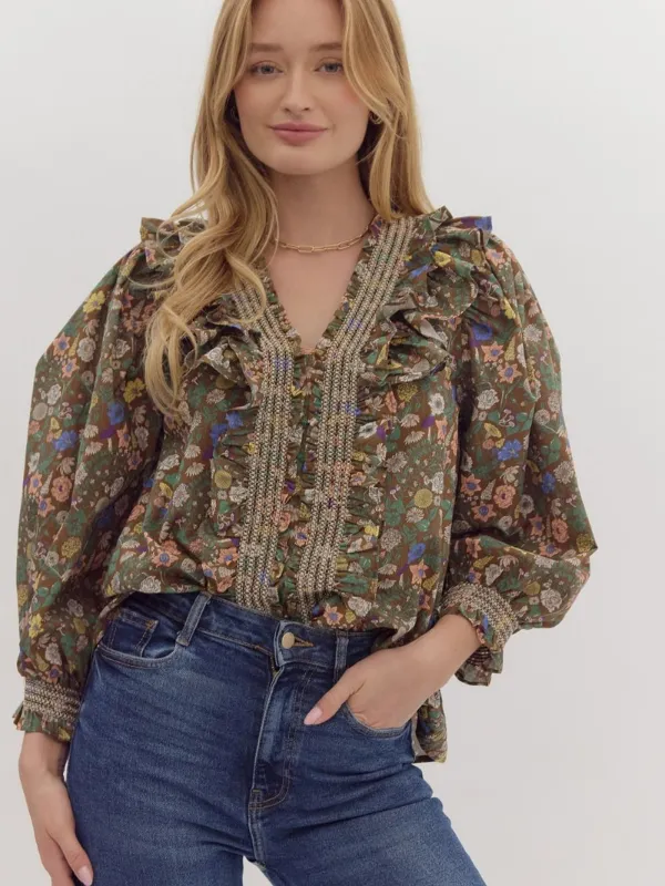 Brown Floral Ruffle Neck Top