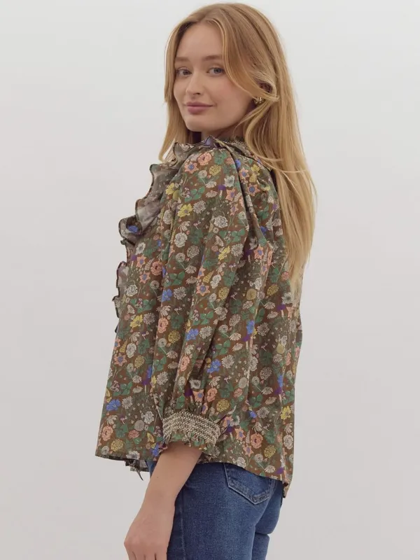 Brown Floral Ruffle Neck Top