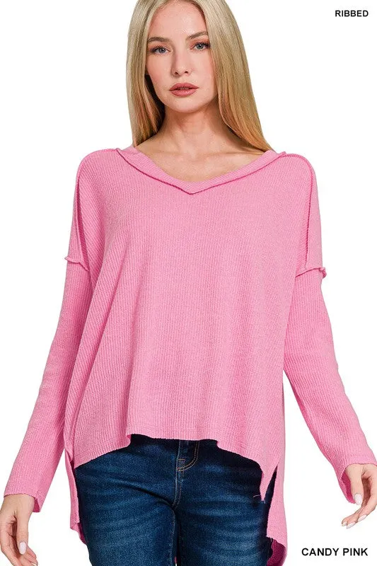 BRUSHED RIBBED HACCI DROP SHOULDER V-NEC