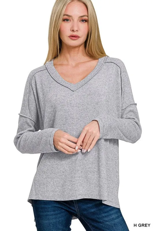 BRUSHED RIBBED HACCI DROP SHOULDER V-NEC