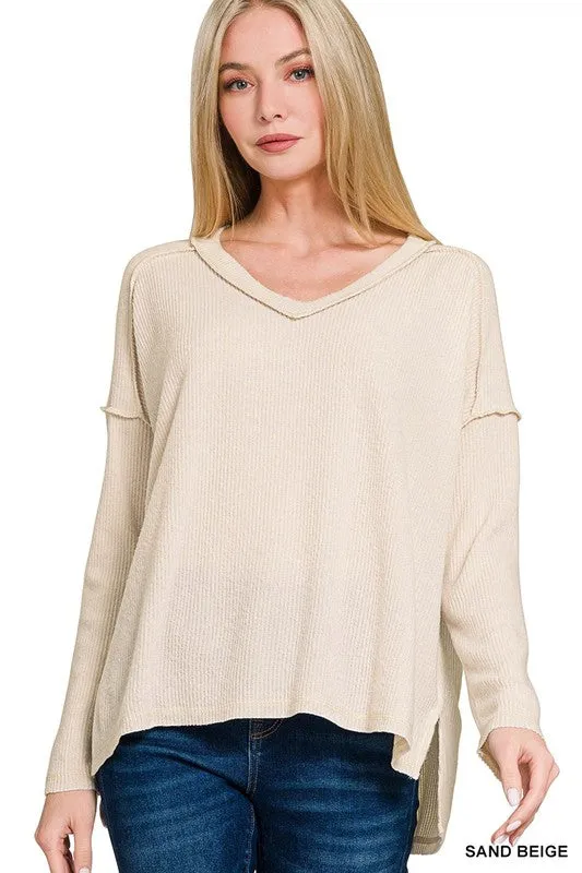 BRUSHED RIBBED HACCI DROP SHOULDER V-NEC