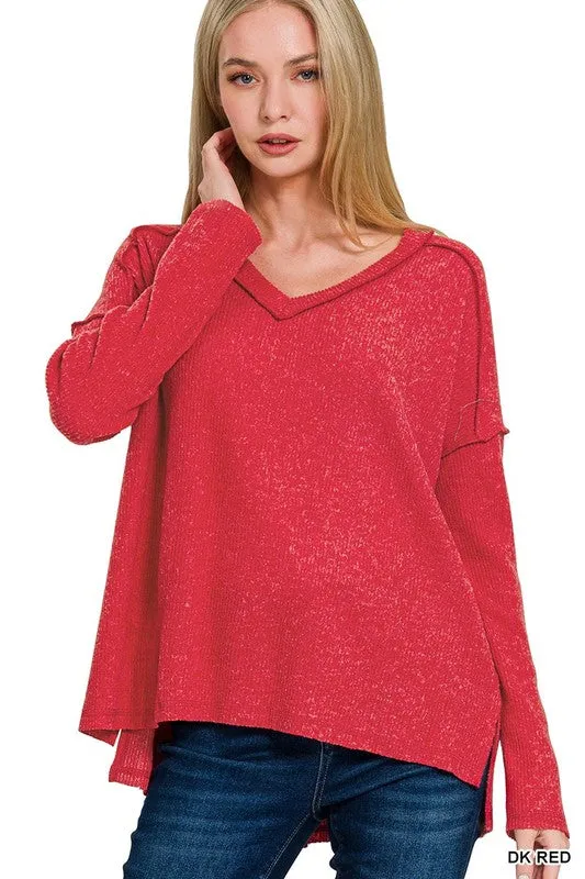 BRUSHED RIBBED HACCI DROP SHOULDER V-NEC