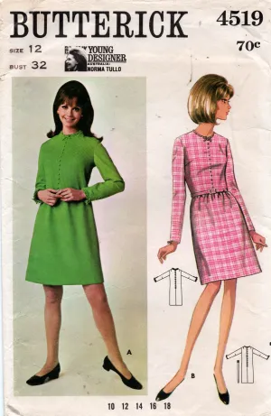Butterick 4519 Womens NORMA TULLO Mod Shift Dress 1960s Vintage Sewing Pattern Size 12 Bust 32 inches