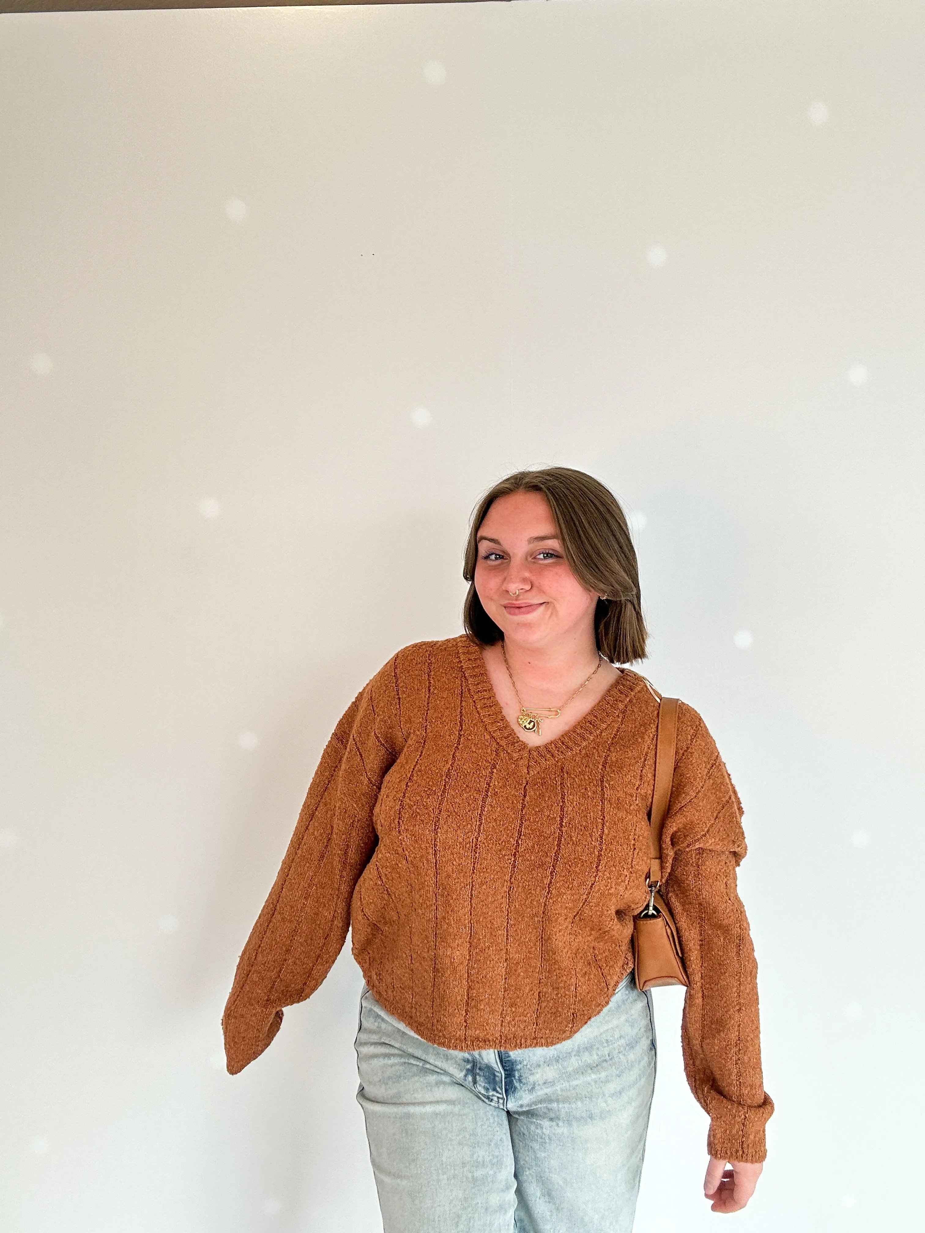 Camel V-Neck Textured Sweater