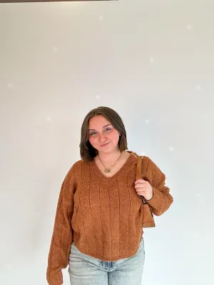 Camel V-Neck Textured Sweater