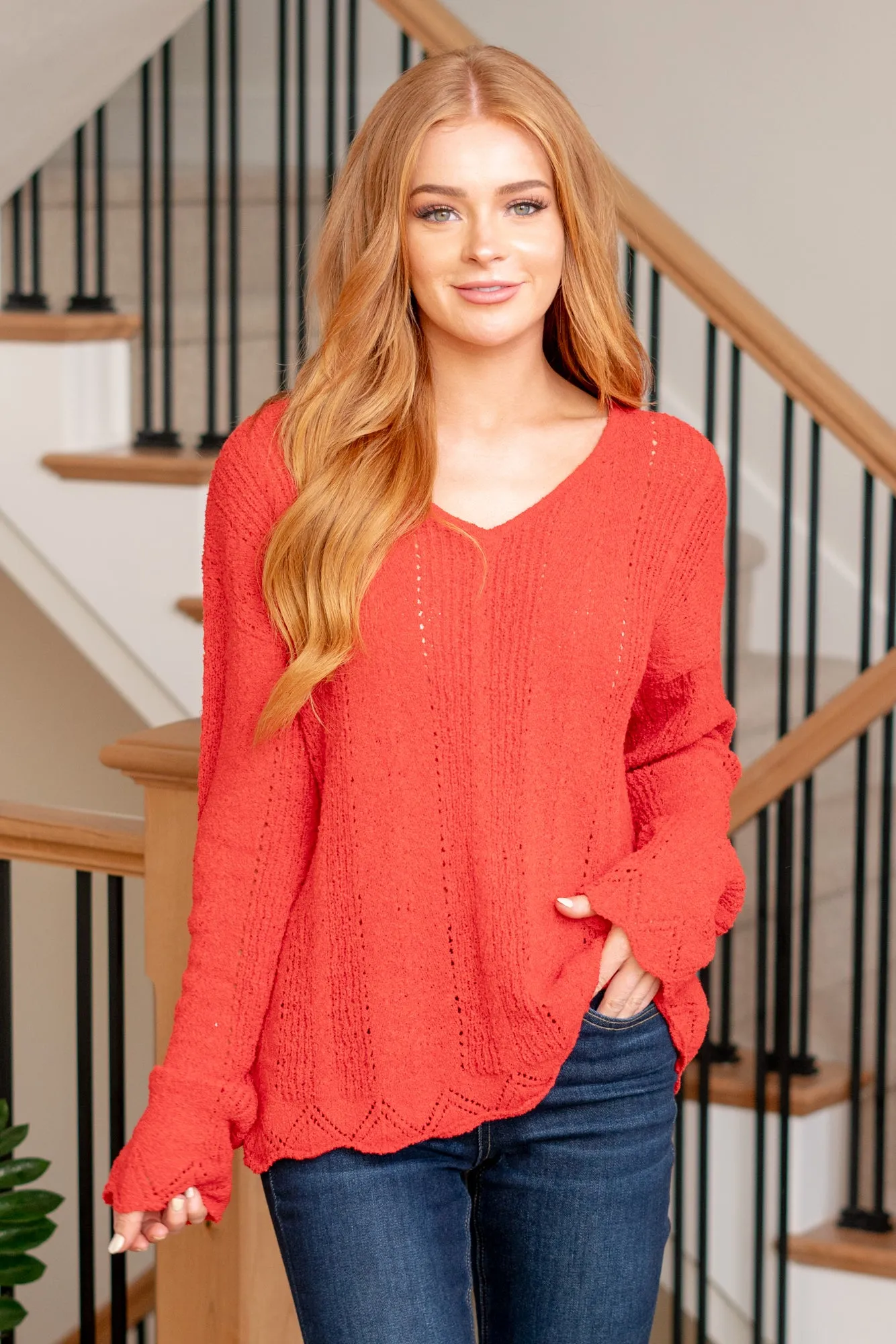 Celeste Eyelet V Neck Knitting Sweater - Red