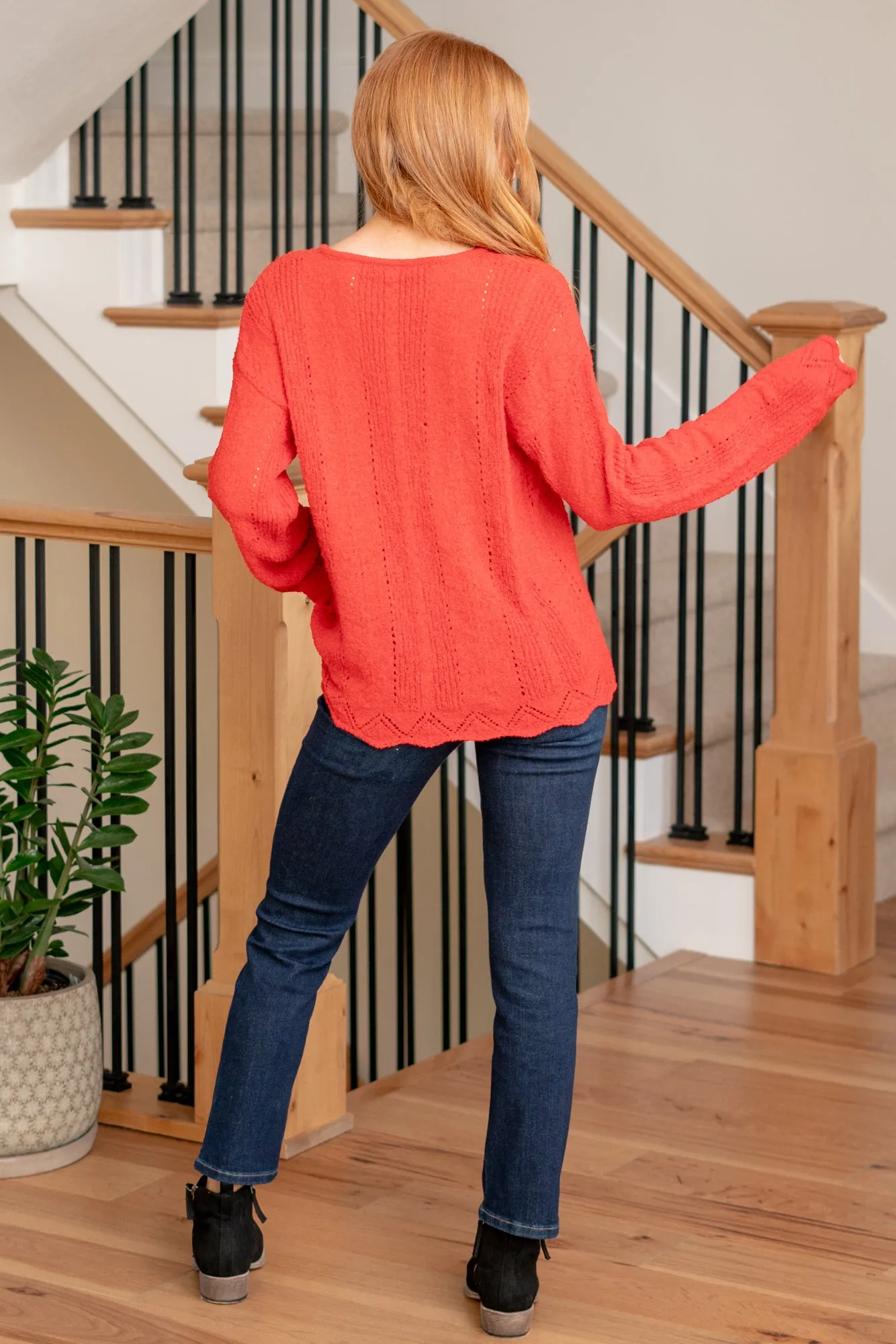 Celeste Eyelet V Neck Knitting Sweater - Red