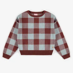 Chandail de maille bleue et rouille à carreaux, enfant || Blue and rust plaid sweater in knitwear, child