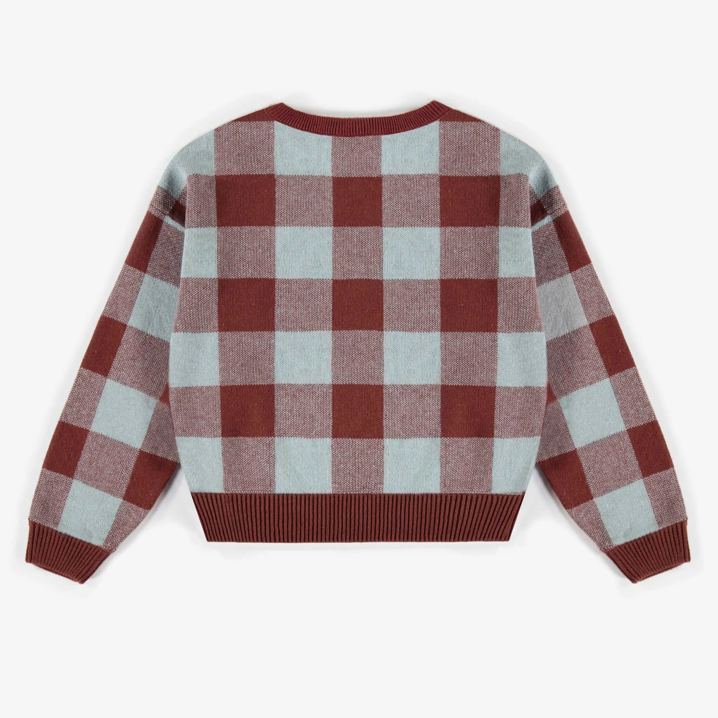 Chandail de maille bleue et rouille à carreaux, enfant || Blue and rust plaid sweater in knitwear, child