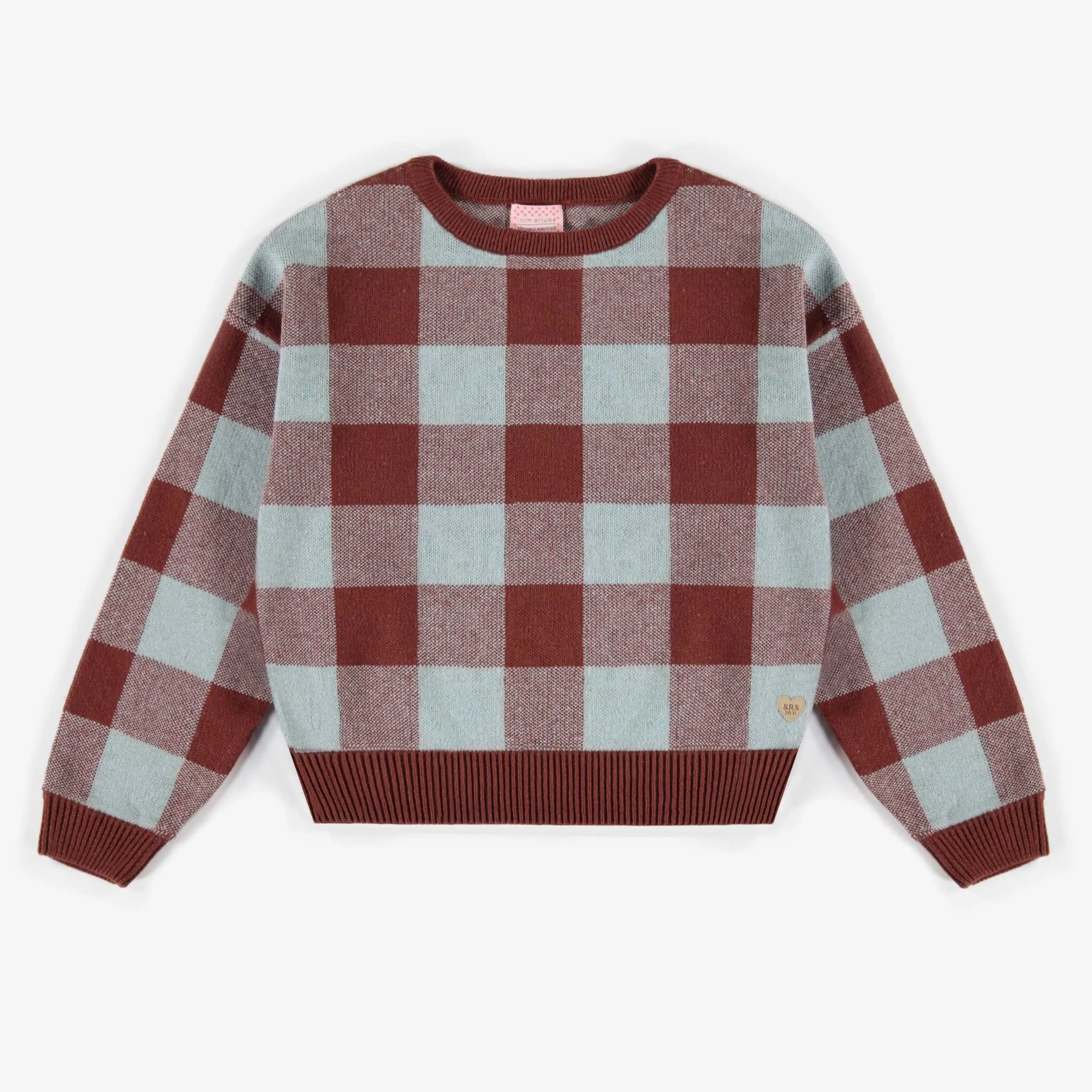Chandail de maille bleue et rouille à carreaux, enfant || Blue and rust plaid sweater in knitwear, child