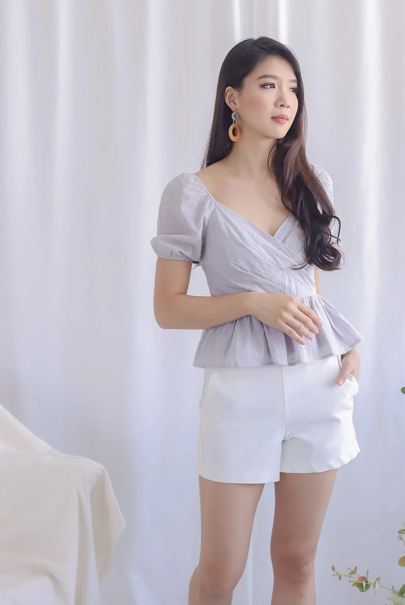 Chloe Swiss Dot Peplum Top in Grey