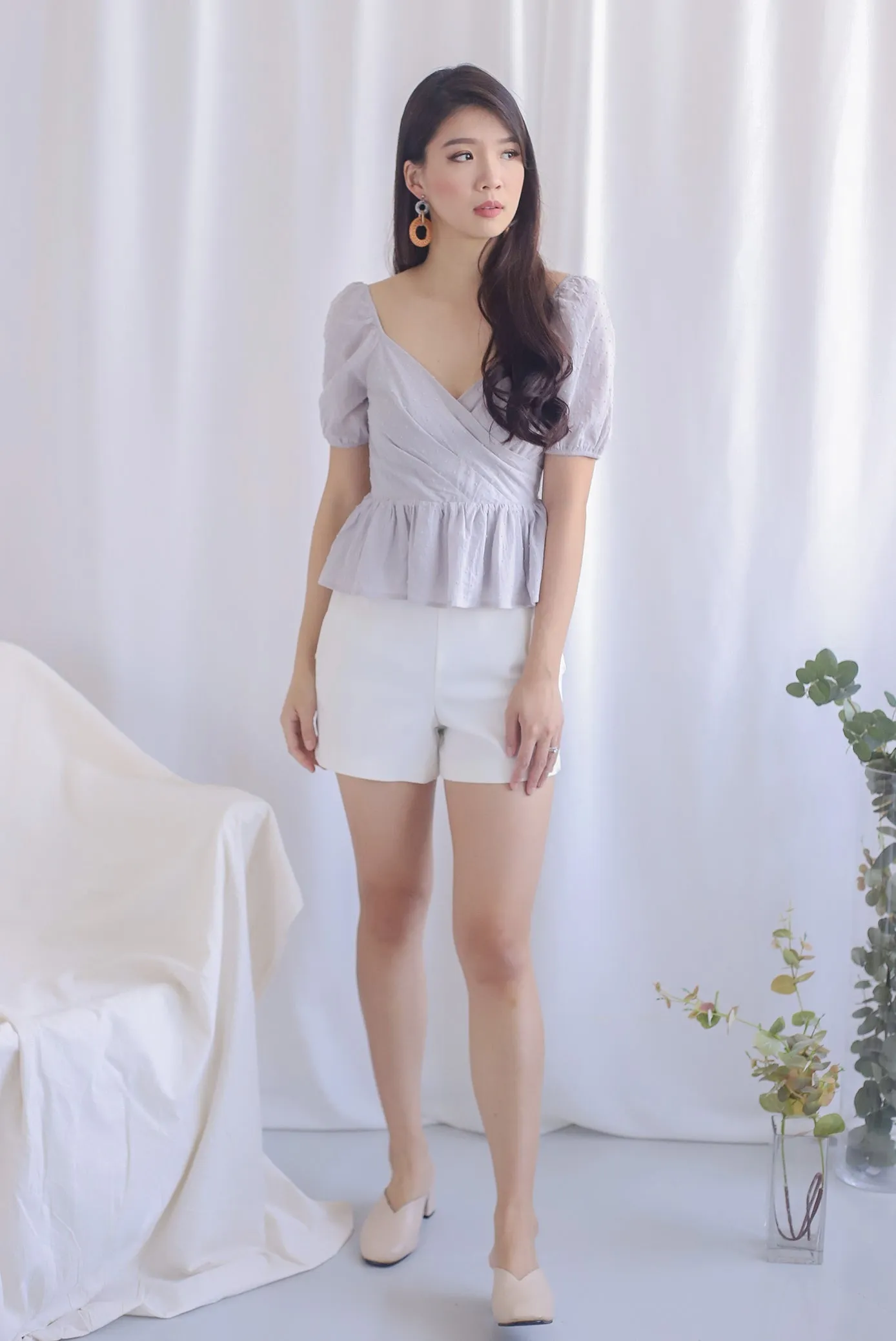 Chloe Swiss Dot Peplum Top in Grey