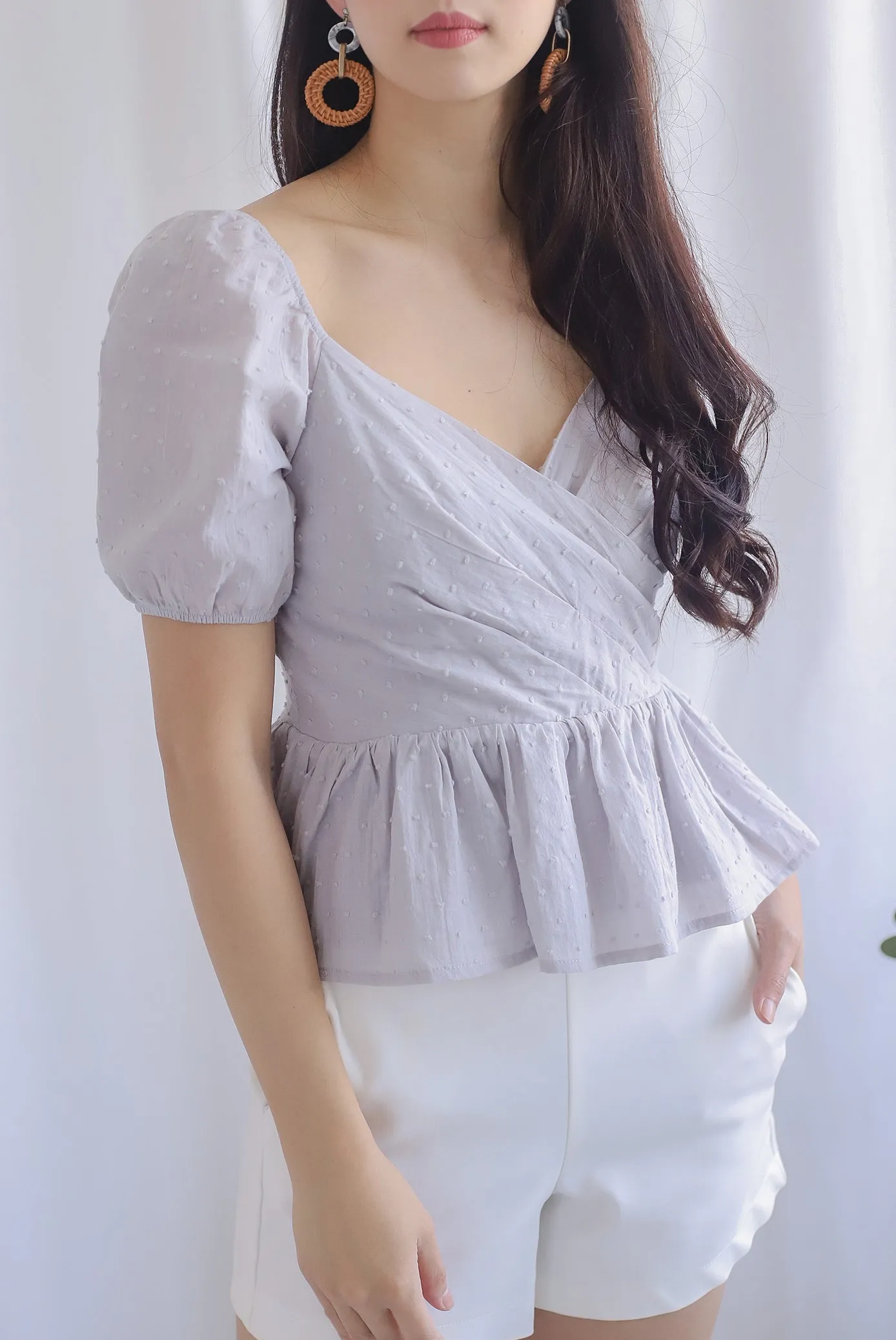Chloe Swiss Dot Peplum Top in Grey