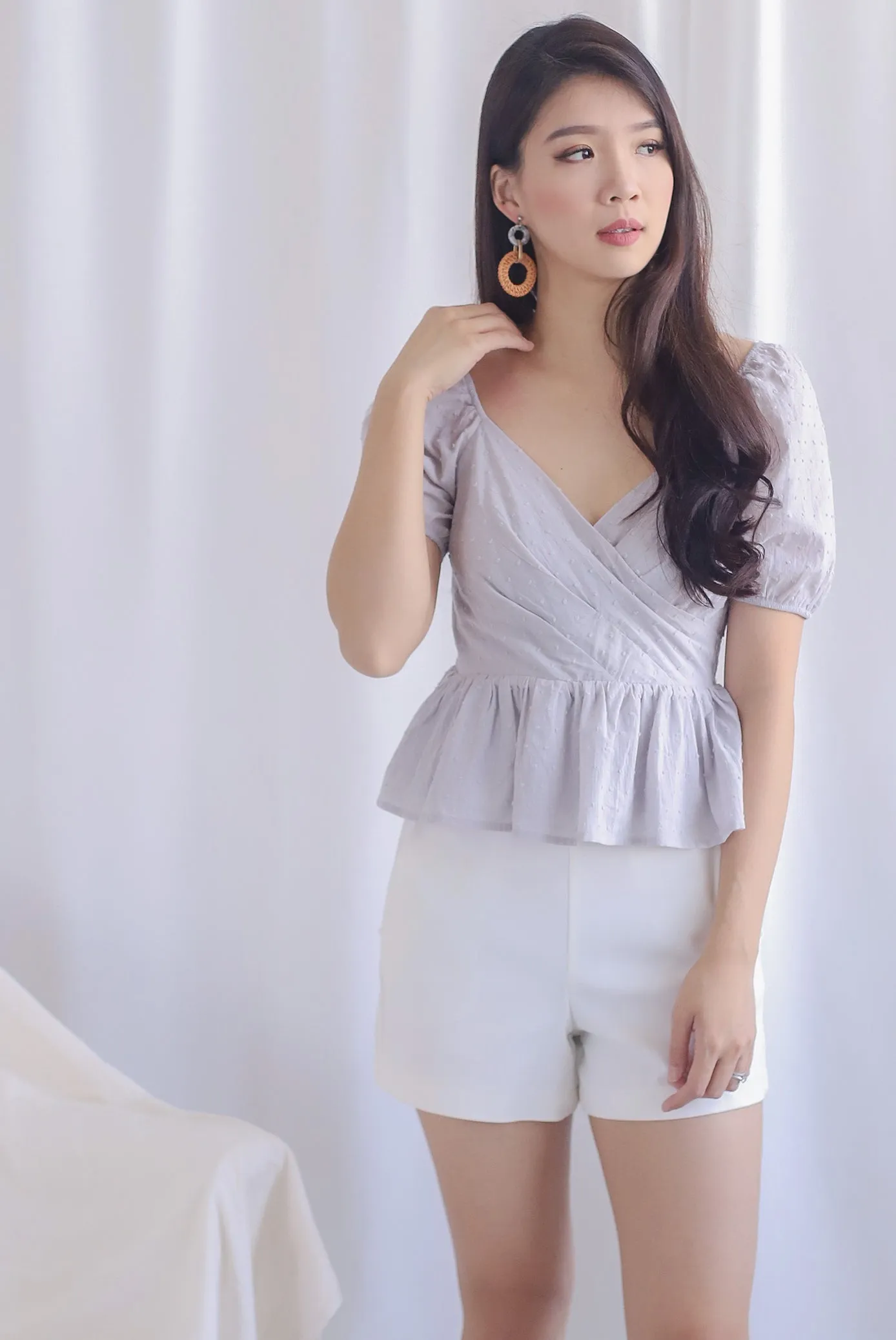 Chloe Swiss Dot Peplum Top in Grey