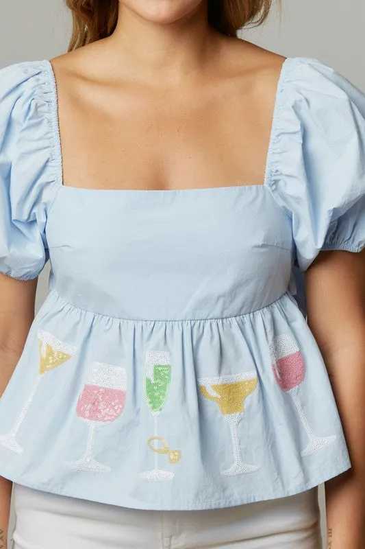 Cocktail Sequin Patch Peplum Blouse