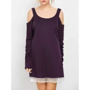 Cold Shoulder Lace Insert Mini Shift Dress - Purple M