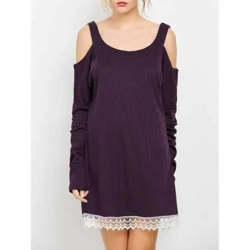 Cold Shoulder Lace Insert Mini Shift Dress - Purple M