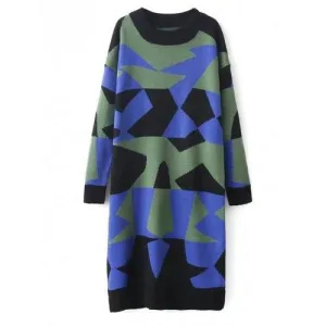 Color Block Shift Sweater Dress - Green One Size