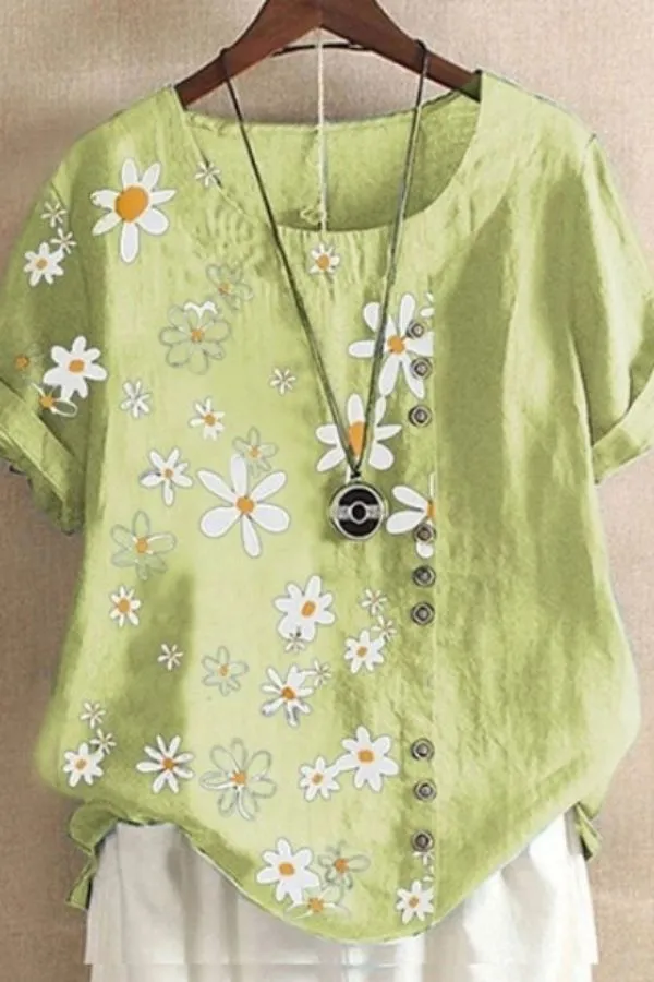 Cotton & Linen Daisy Floral T-shirt (Fit up to 270lbs)