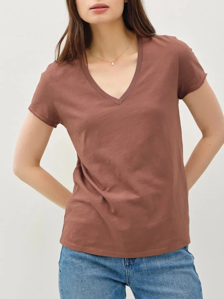 Cotton V-neck Tee - Sepia