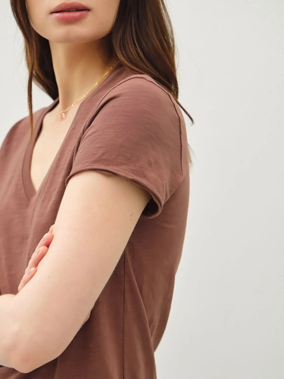 Cotton V-neck Tee - Sepia
