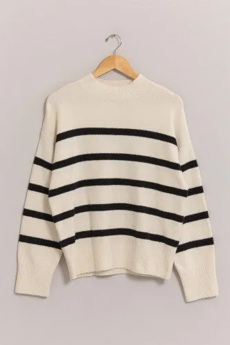 Cream   Black Stripe Mock Neck Sweater
