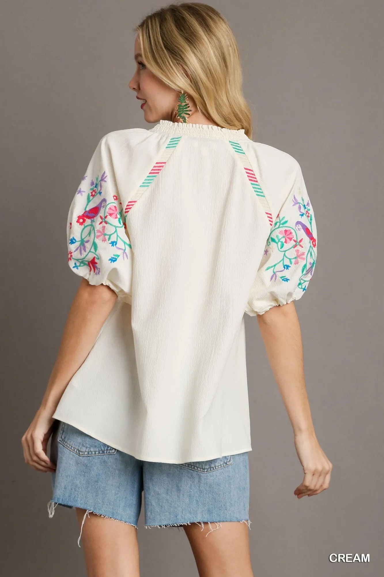 Cream V-Neck Top w/ Embroidery Detailed Sleeves