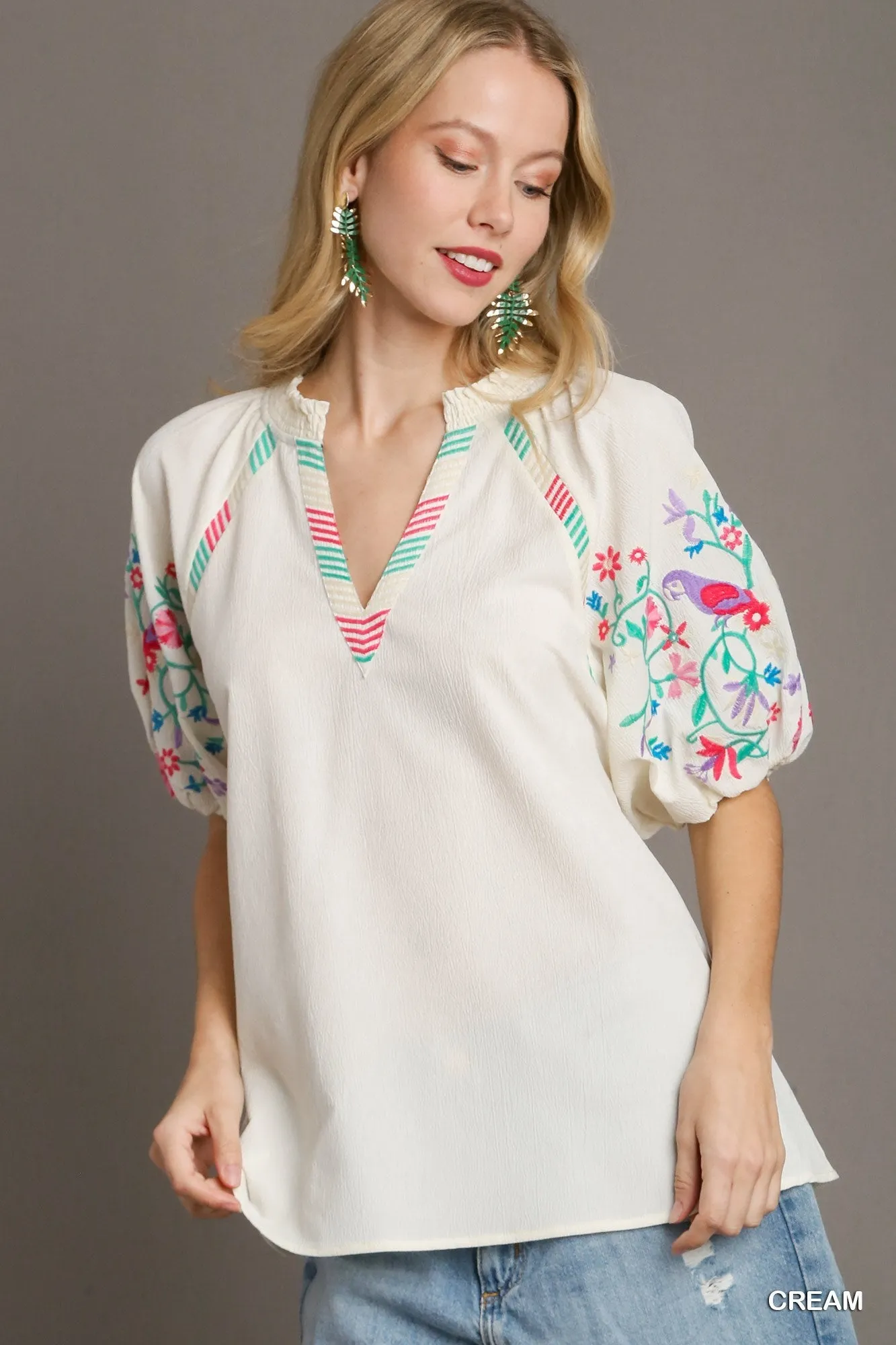 Cream V-Neck Top w/ Embroidery Detailed Sleeves