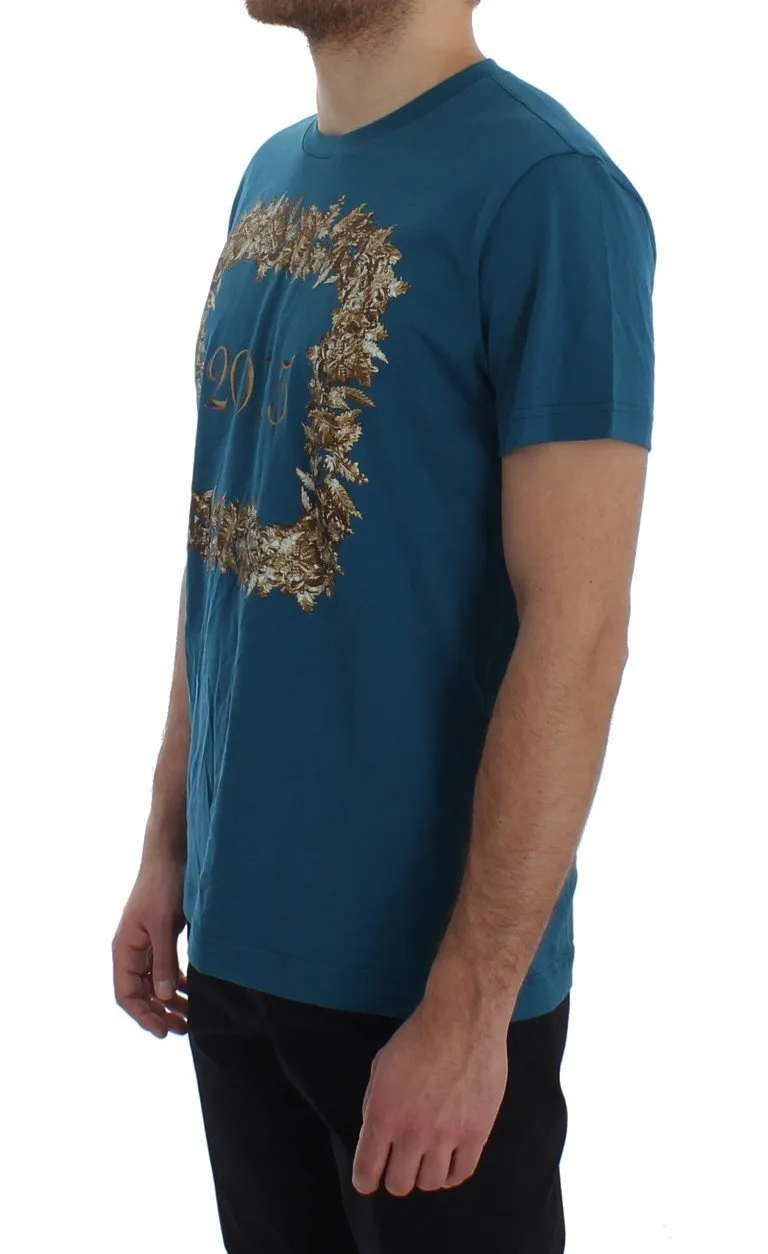 Crewneck 2015 Motive Print Blue Cotton T-shirt
