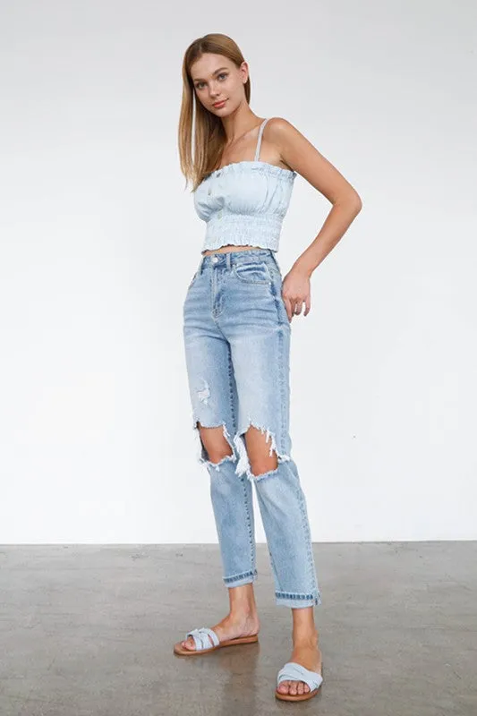 Denim Lab USA High Waist Destroyed Hem Boyfriend Jeans