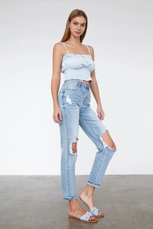 Denim Lab USA High Waist Destroyed Hem Boyfriend Jeans