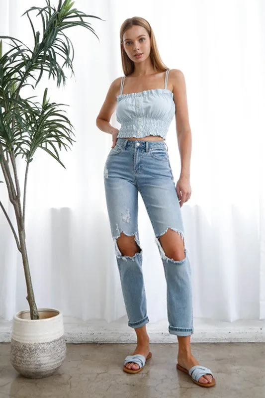 Denim Lab USA High Waist Destroyed Hem Boyfriend Jeans