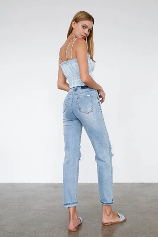 Denim Lab USA High Waist Destroyed Hem Boyfriend Jeans