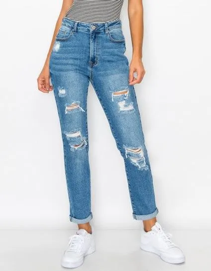 DESTRUCTED CUFFED MOM JEANS