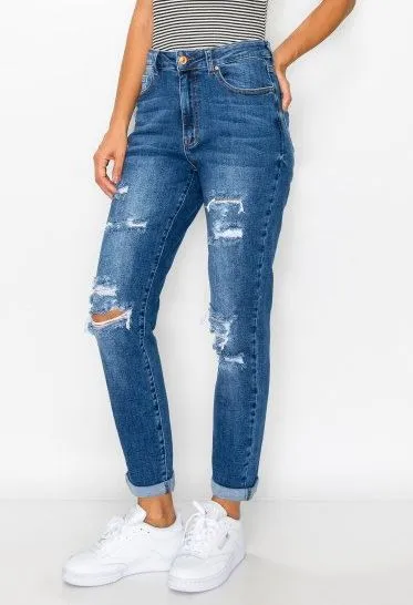 DESTRUCTED CUFFED MOM JEANS