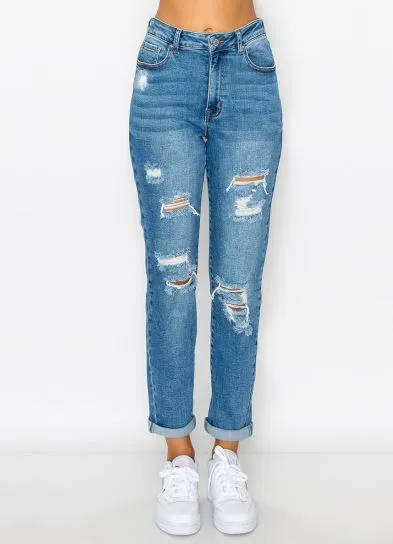 DESTRUCTED CUFFED MOM JEANS