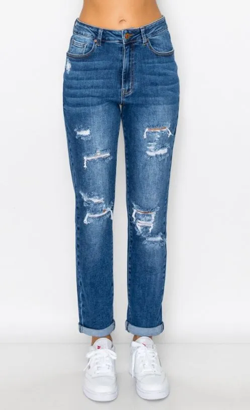 DESTRUCTED CUFFED MOM JEANS
