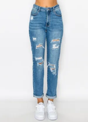 DESTRUCTED CUFFED MOM JEANS