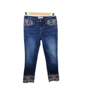 Driftwood Colette Southwestern Embroidered Cropped Straight Leg Jeans Blue 26