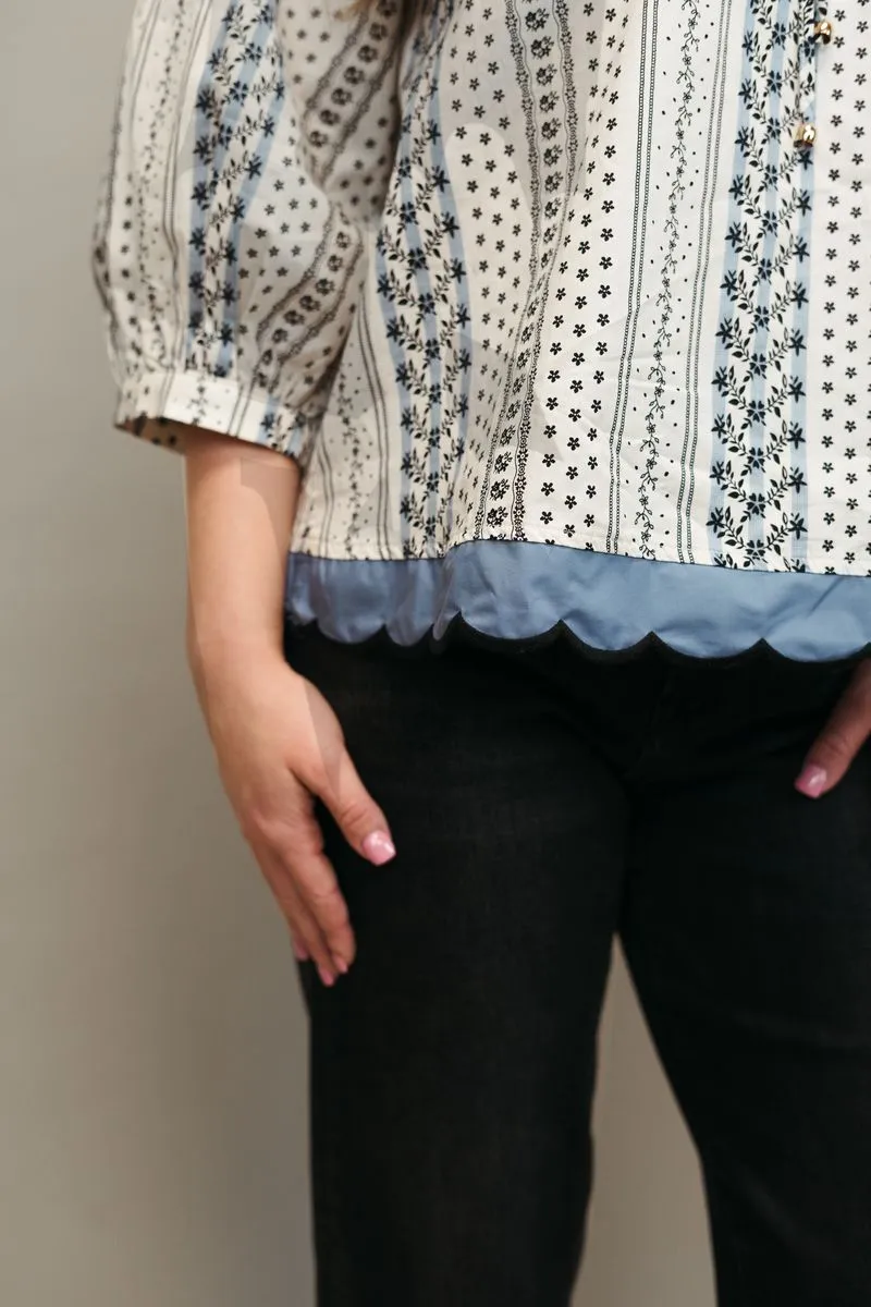 Ecru Print 1/2 Sleeve Top w/Scallop Trim T24838