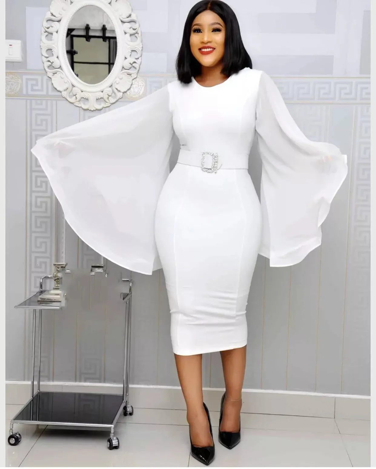 Elegant Evening Cocktail Party Dress for Women Chiffon Flare Sleeves Sexy Bodycon Midi Dress with Belt
