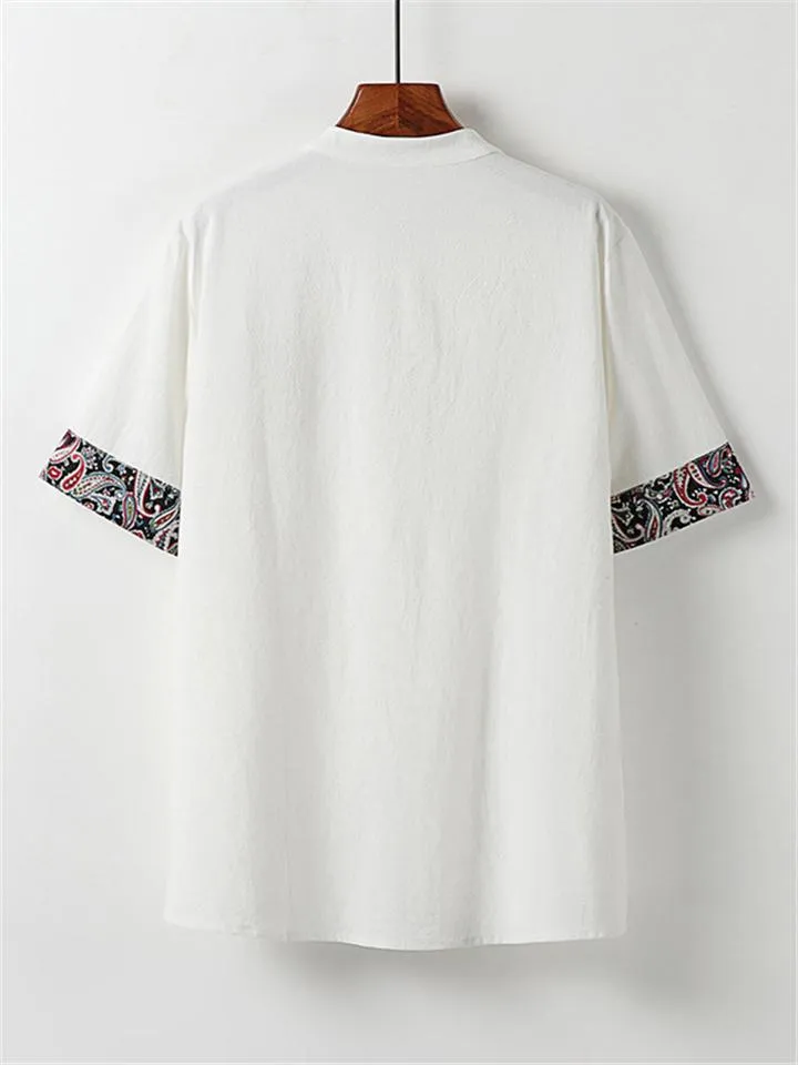 Ethnic Style Linen Outfit Retro Button Short Sleeve T-Shirt   Drawstring Full Length Pants