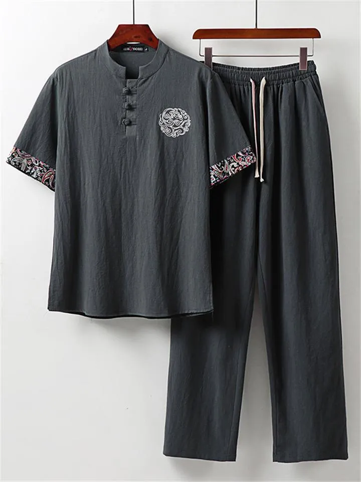 Ethnic Style Linen Outfit Retro Button Short Sleeve T-Shirt   Drawstring Full Length Pants