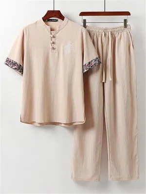 Ethnic Style Linen Outfit Retro Button Short Sleeve T-Shirt   Drawstring Full Length Pants
