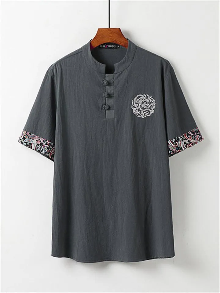 Ethnic Style Linen Outfit Retro Button Short Sleeve T-Shirt   Drawstring Full Length Pants
