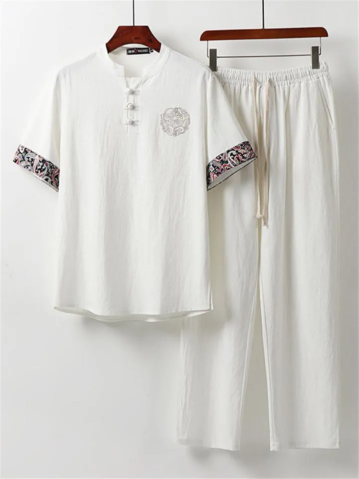 Ethnic Style Linen Outfit Retro Button Short Sleeve T-Shirt   Drawstring Full Length Pants