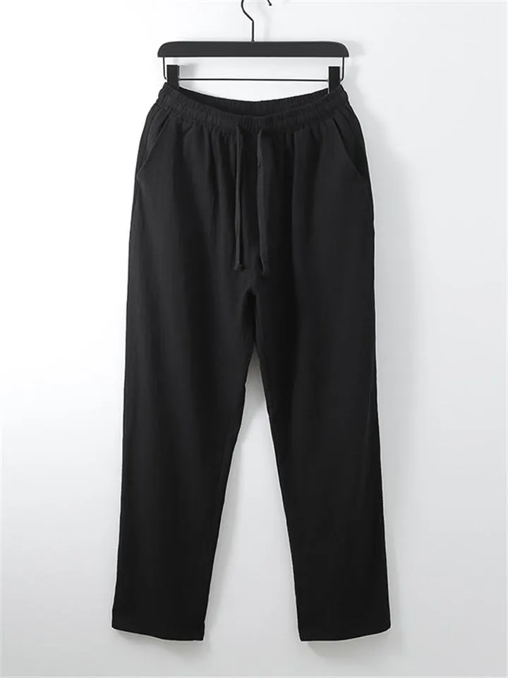 Ethnic Style Linen Outfit Retro Button Short Sleeve T-Shirt   Drawstring Full Length Pants