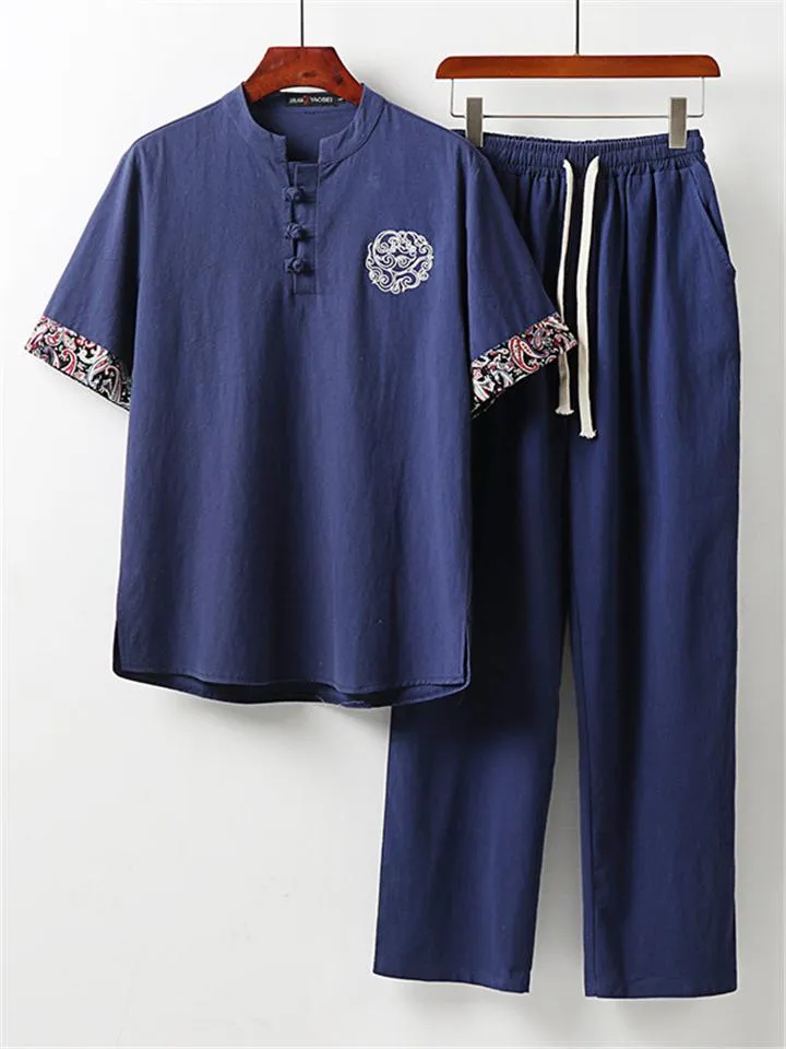 Ethnic Style Linen Outfit Retro Button Short Sleeve T-Shirt   Drawstring Full Length Pants